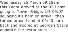 Wednesday 26 March 09:18am this Yacht arrived at the 02 Dome going to Tower Bridge. Lift 09:07 sounding it's horn on arrival, then turned around and at 09:40 came back and moored at George's Stairs opposite the restaurants.