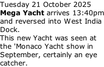 Tuesday 21 October 2025 Mega Yacht arrives 13:40pm and reversed into West India Dock. This new Yacht was seen at the 'Monaco Yacht show in September, certainly an eye catcher.